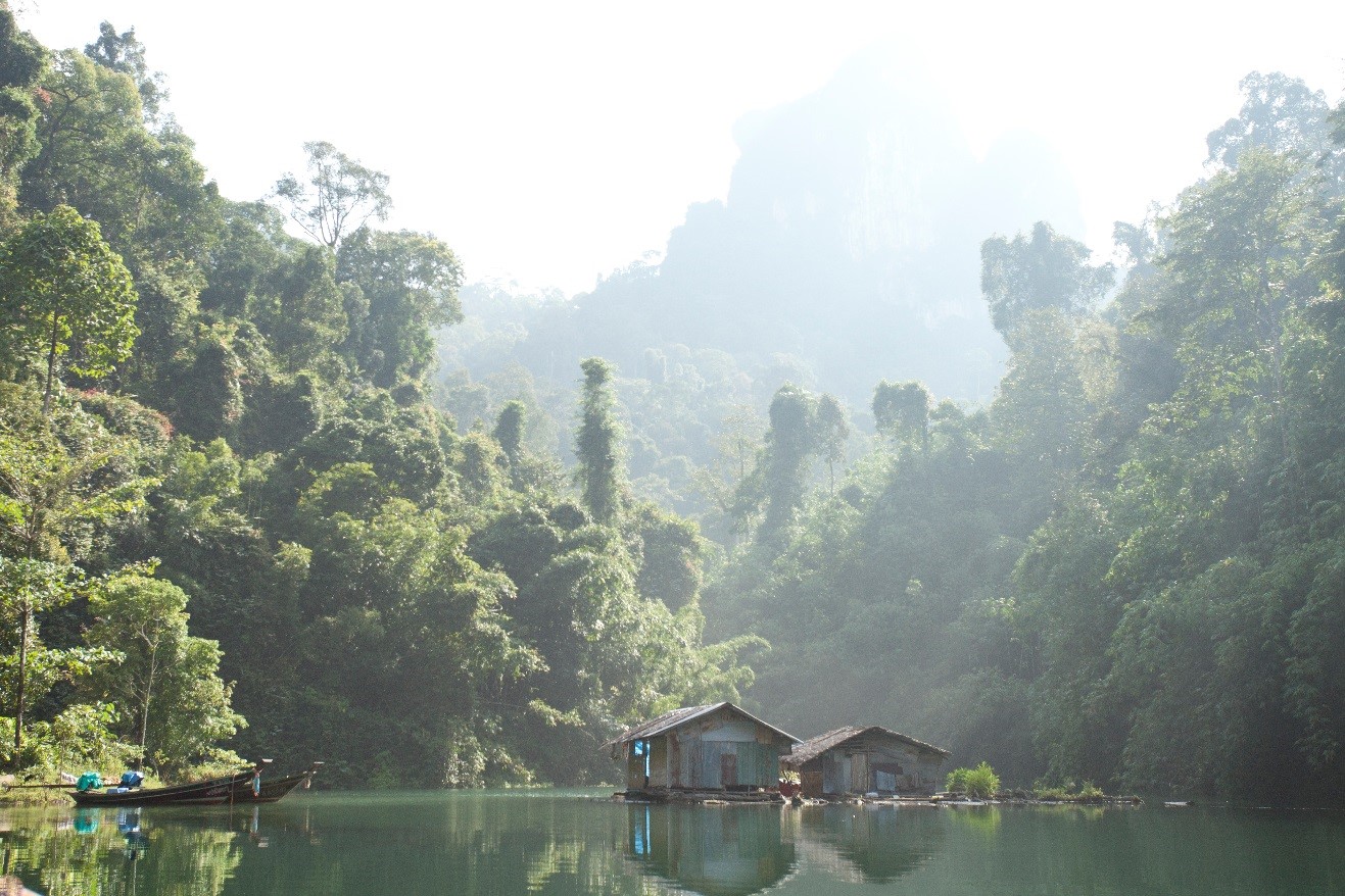 An intriguing photo of khao sok national park with fishing village in the foreground