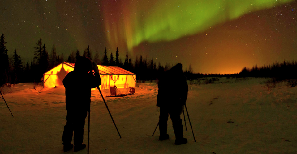 photographers set up their tripods to capture the northern lights in front of a sled dog tent