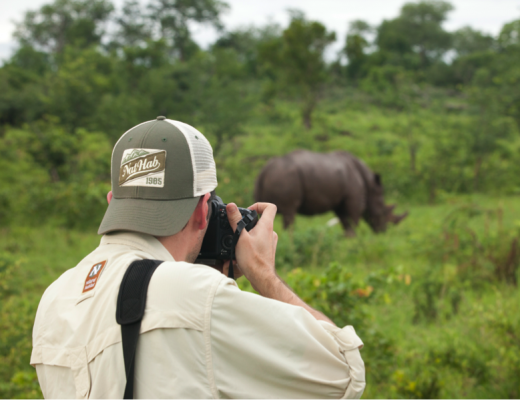 a photographer captures a photo of a rhino at close range while on foot in mosi oa tunya national park in Zambia