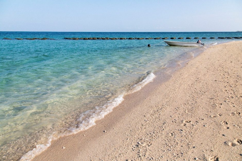 a scenic photo of one of borneo's turtle islands with clear water and sandy shore