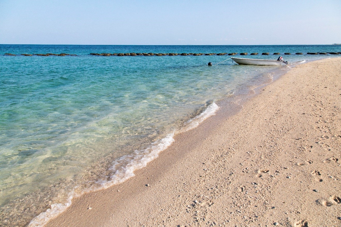 a scenic photo of one of borneo's turtle islands with clear water and sandy shore