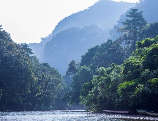 a beautiful mist cloaks the peaks of Mulu National Park above the melinau river in Borneo