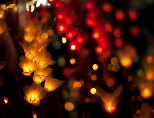 an alluringly blurry photo of lights at a night market in cambodia