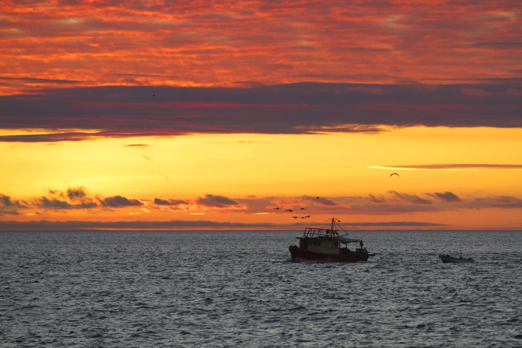 a stunning sunset blankets the horizon with a small fishing boat in the foreground