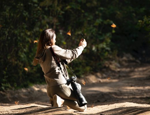 a woman takes a photo while surrounded by monarch butterflies