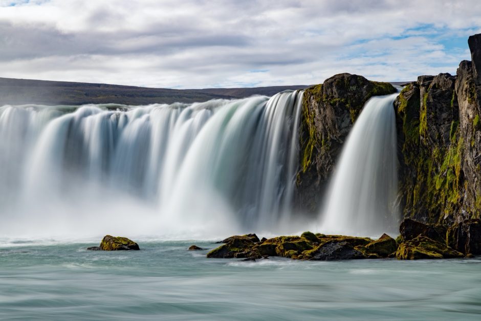Godafoss waterfall is silky and mysterious