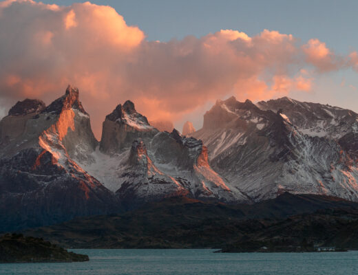 amazing orange and red sky above peaks in Patagonia