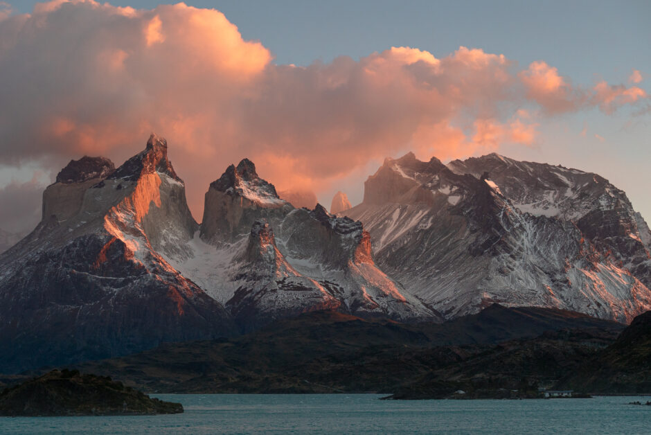amazing orange and red sky above peaks in Patagonia