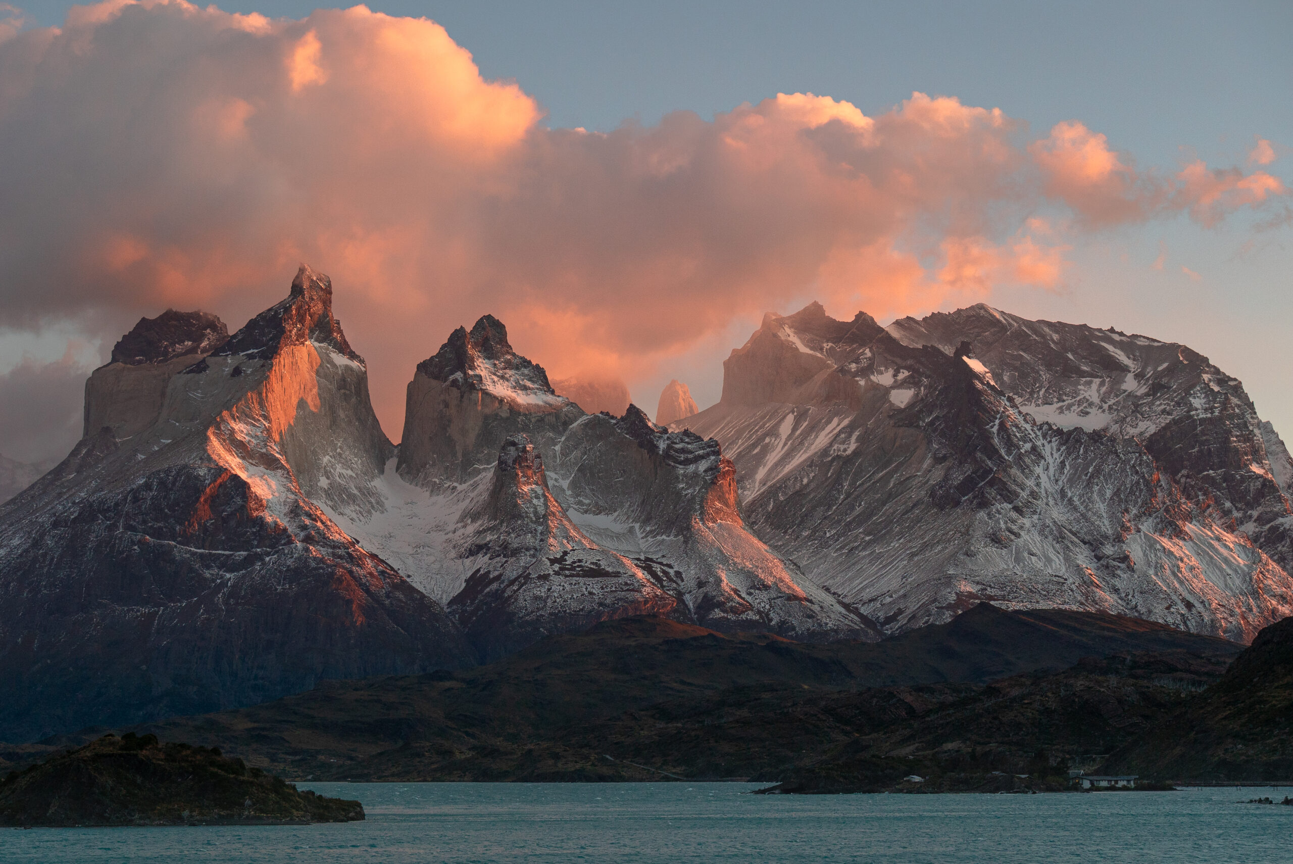 amazing orange and red sky above peaks in Patagonia