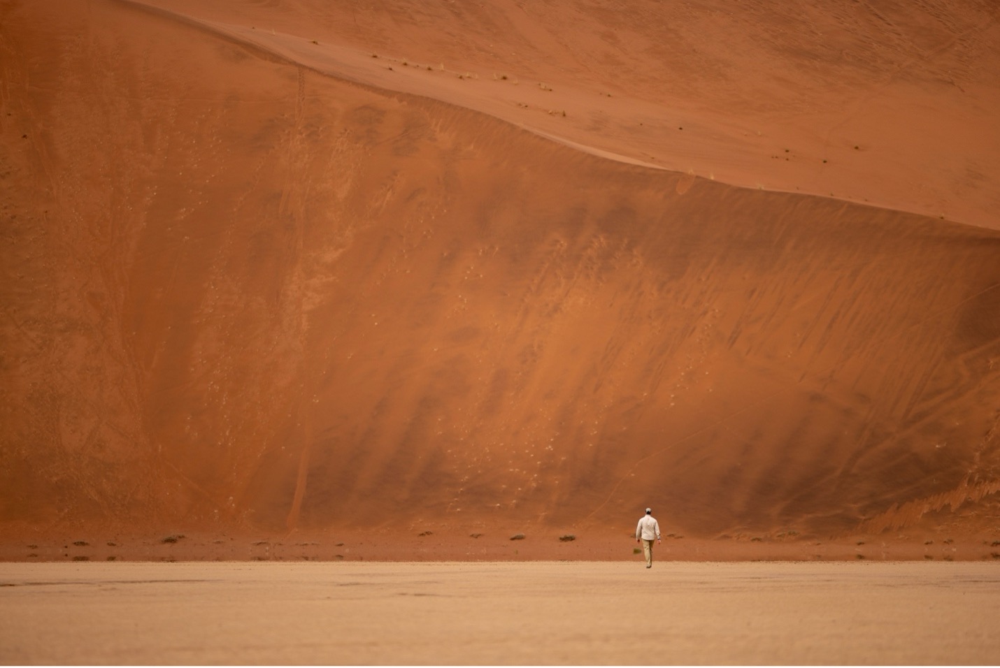 a lone traveler walking toward a dune in Namibia
